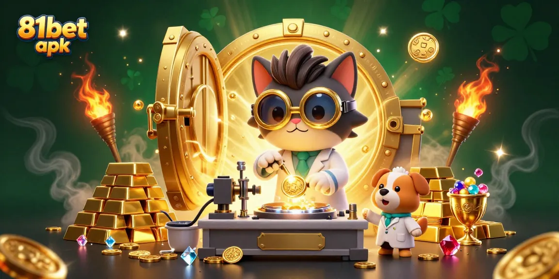 Experience excitement with 81bet apk, featuring a lively scene of a mad scientist cat and vivid game elements.