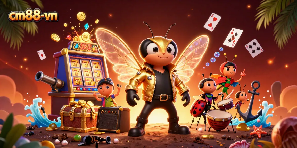 Engage with cm88-vn's vibrant casino scene featuring an electrifying cicada rock star among slots and treasures.