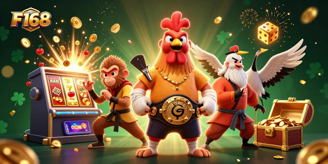 Engage in thrilling slots and jackpot action with F168's vibrant casino scene illustration.