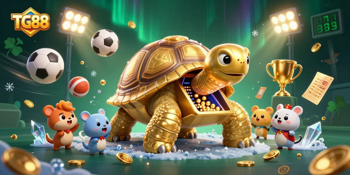 Join the excitement at TG88 with an interactive gaming experience featuring a colossal golden tortoise and vibrant casino elements.