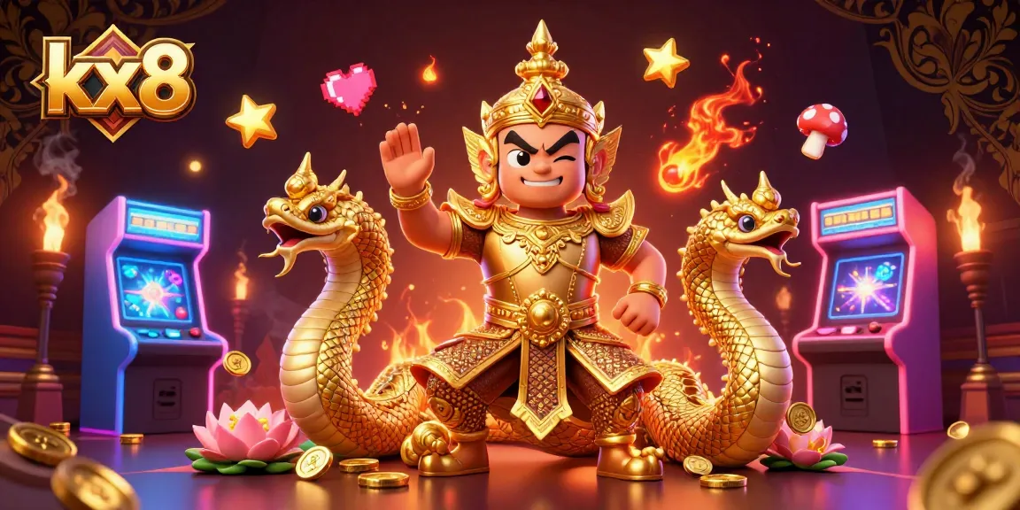 Engage with vibrant kx8-themed casino illustration showcasing a friendly yaksha guardian among glamorous gaming elements.