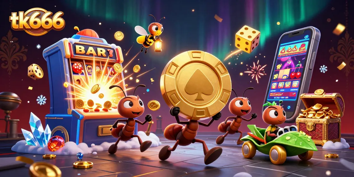 tk666 ants heist a giant poker chip while celebrating with a jackpot explosion in a vibrant casino