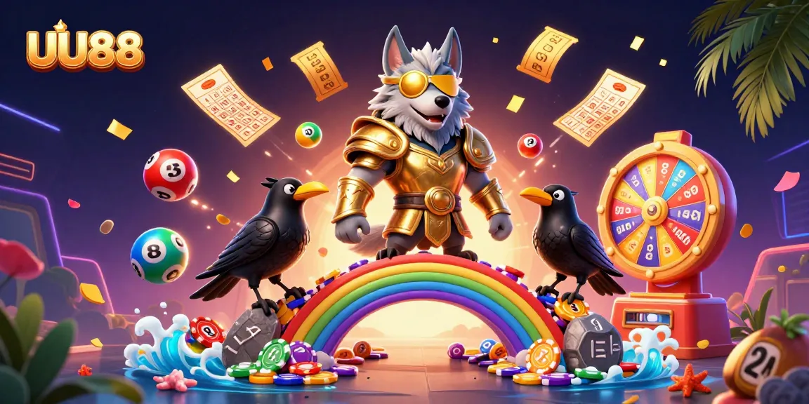 UU88 gambling scene with fantasy-inspired characters, vibrant lottery elements, and casino magic.