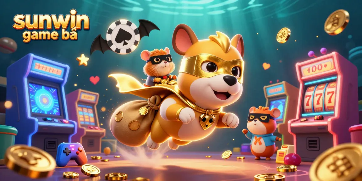 Experience the thrill of sunwin game bài with a vibrant 3D superhero dog and arcade elements.