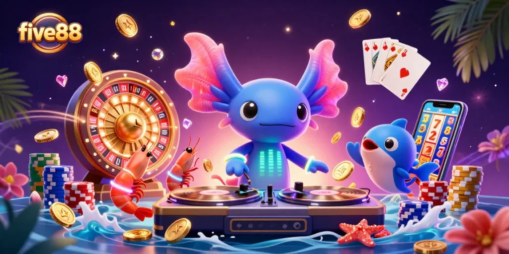 Engage with five88's casino vibe depicted in vibrant 3D illustration featuring underwater DJ and gambling elements.