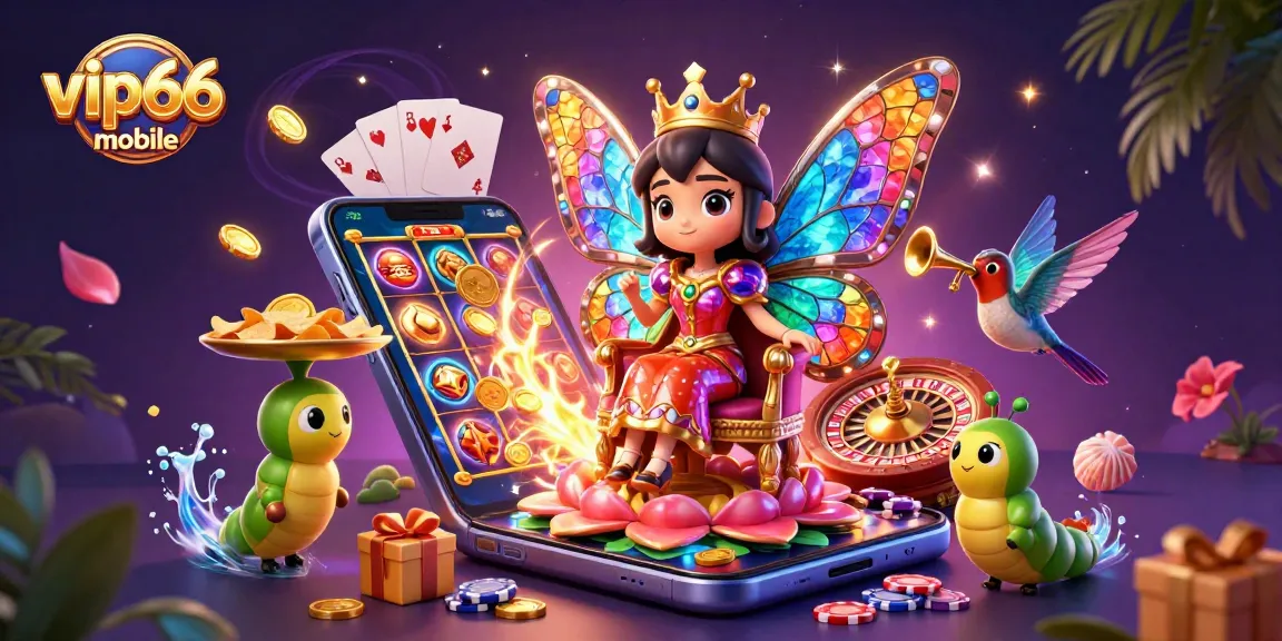 Play exciting games on vip66 mobile with a vibrant 3D casino illustration featuring a butterfly queen and slot games.