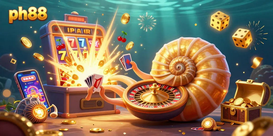 Experience the excitement of ph88 with this vibrant illustration featuring a nautilus roulette wheel amidst dynamic casino elements.