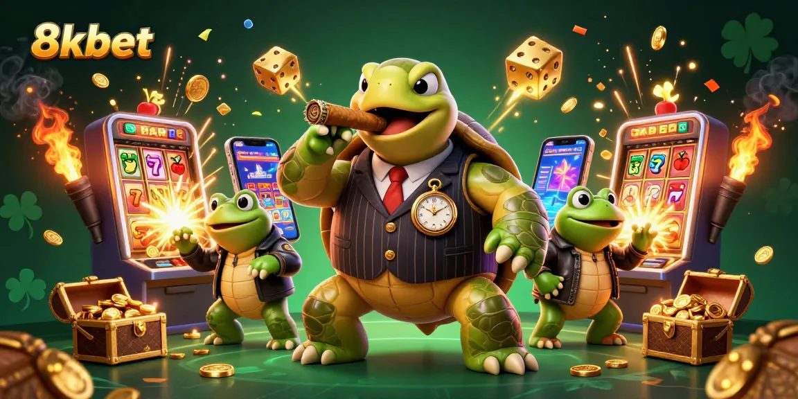 Engage with 8xbet's vibrant casino experience featuring a snapping turtle in a mobster suit amidst jackpot fun.
