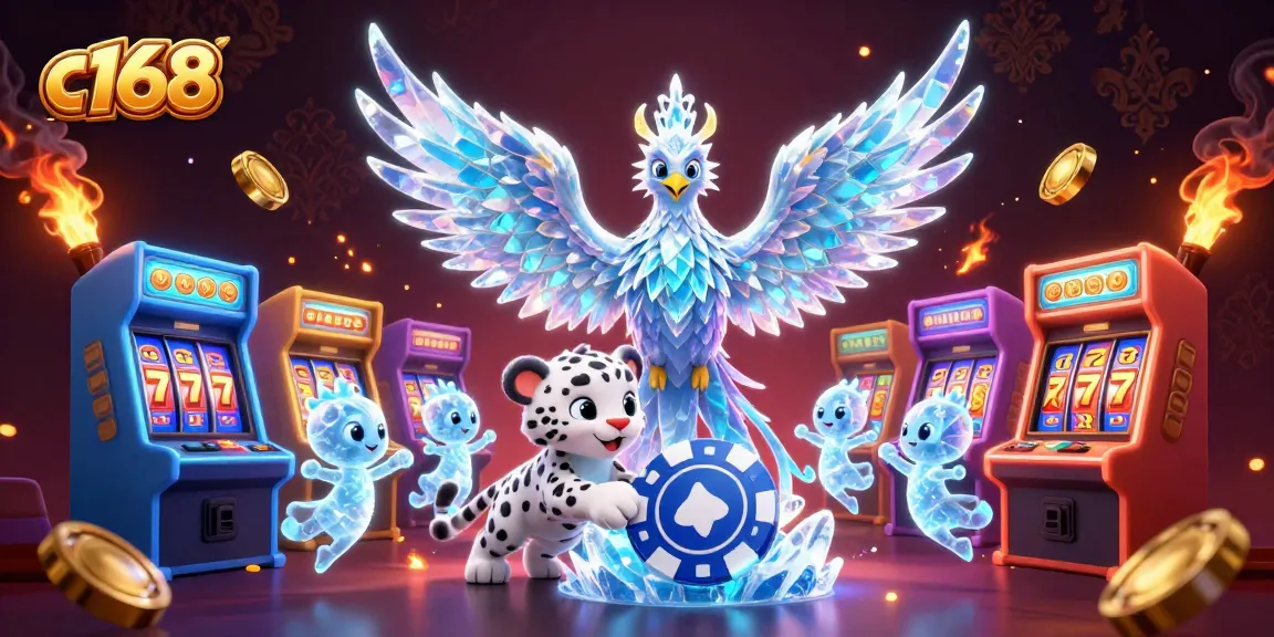 Engage with c168 in an exciting casino scene featuring vibrant slots and an ice phoenix.