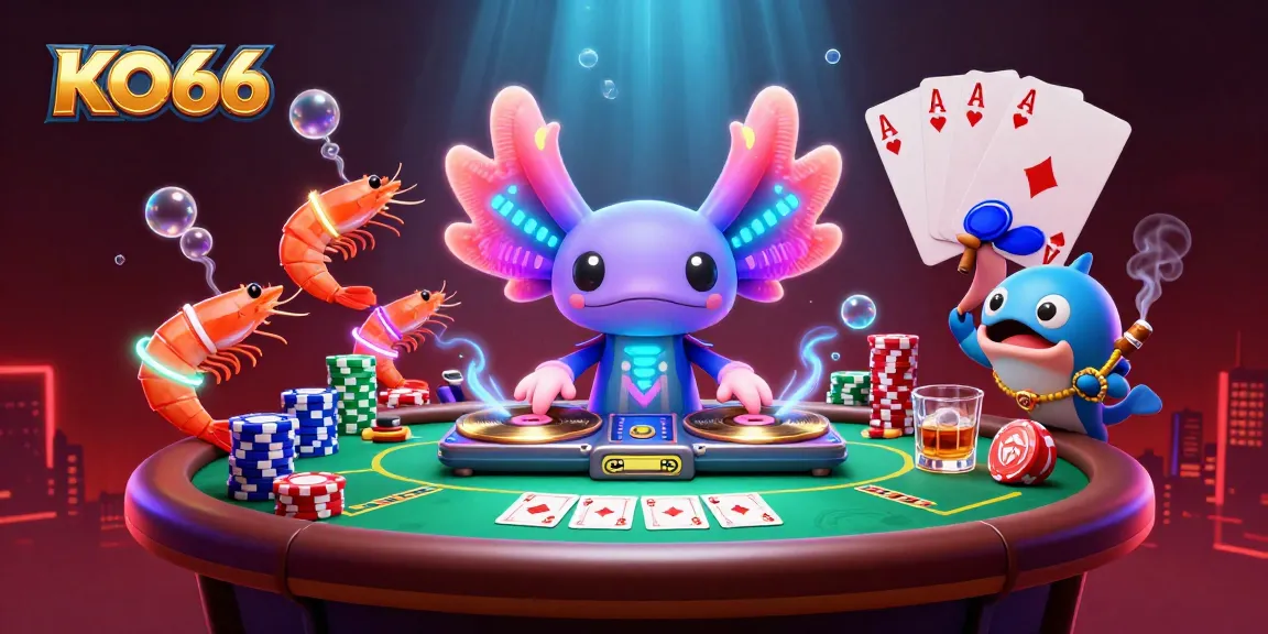 Experience the excitement at KO66 with a vibrant casino scene featuring a DJ axolotl and poker elements.