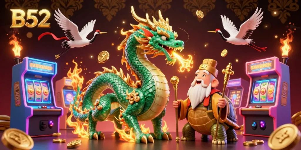Engaging illustration featuring B52's emerald dragon, gaming machines, and lucky elements in a rich casino atmosphere.