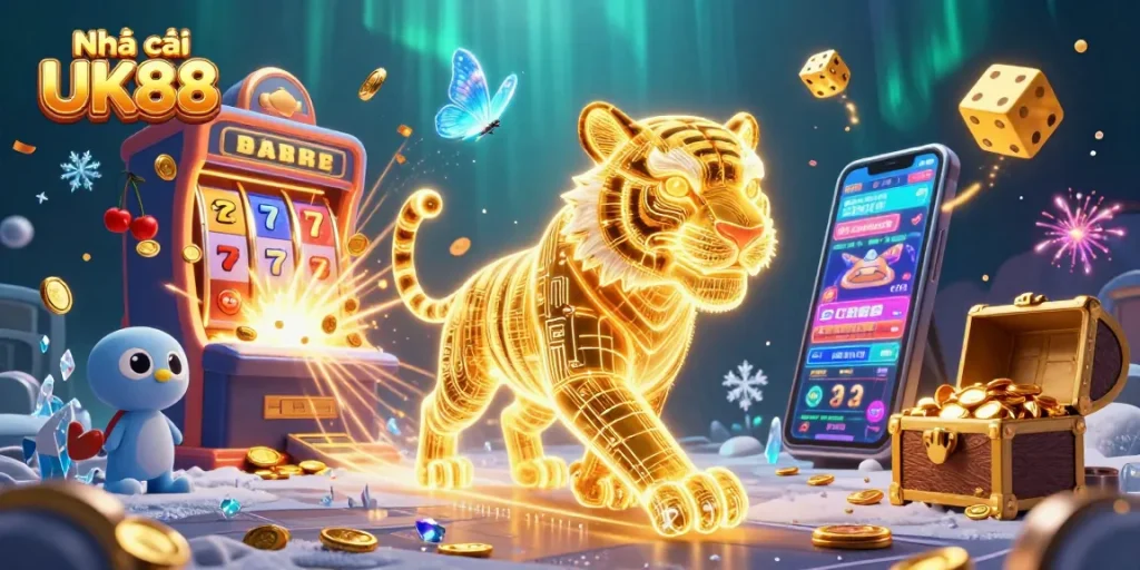 Experience the thrill of Nhà cái UK88 with a vibrant 3D casino scene featuring a golden tiger and exciting game elements.