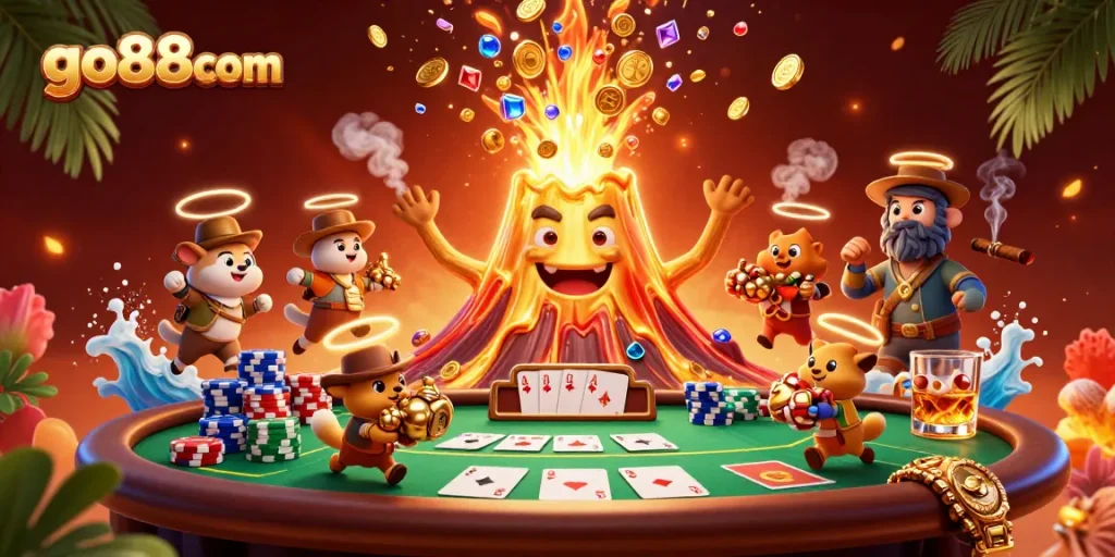Experience thrilling gameplay and big wins at go88com with vibrant 3D casino illustration of a golden volcano and poker elements.