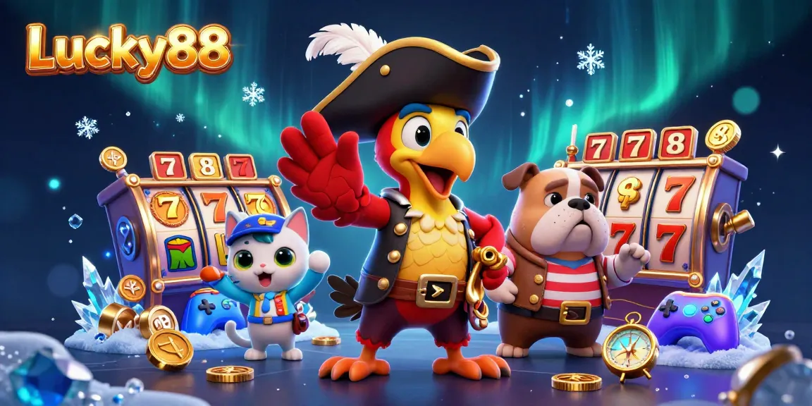 Spin the reels of Lucky88 in this vibrant 3D scene with playful casino characters and gaming elements.