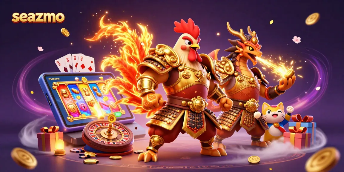 Experience seazmo with a vibrant 3D illustration featuring a fighting rooster warrior, dragon hatchling, and slot game elements.