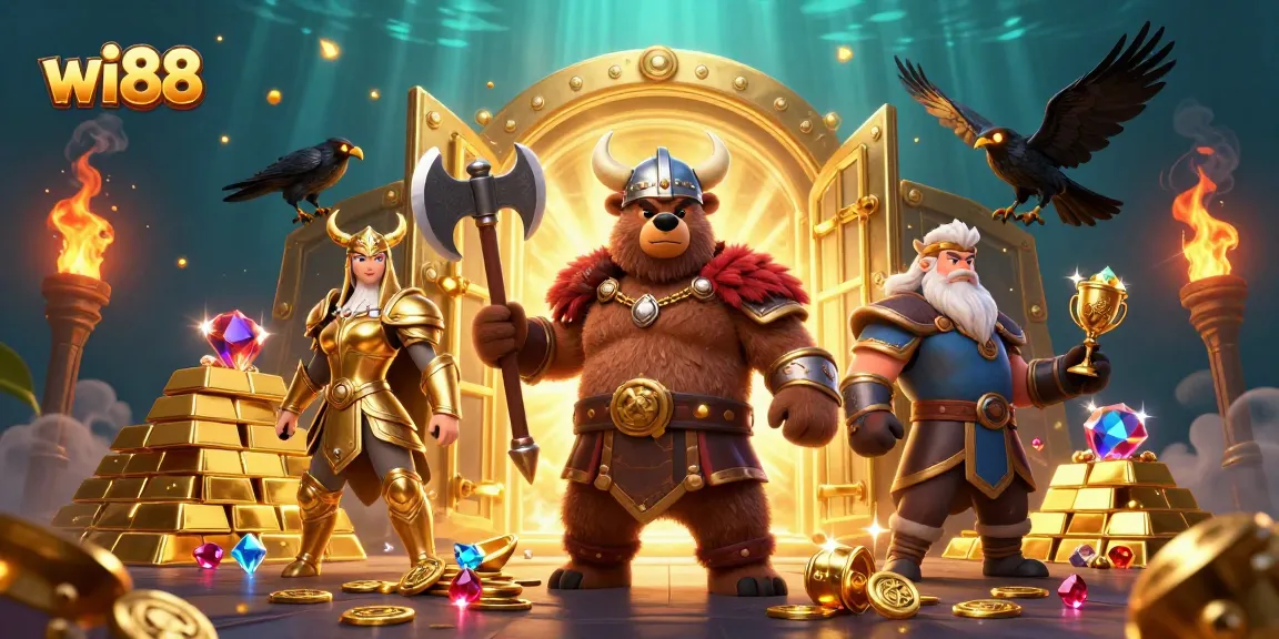 Experience excitement at wi88, featuring a Viking berserker and Valkyrie amidst gold and jewels in a vibrant casino scene