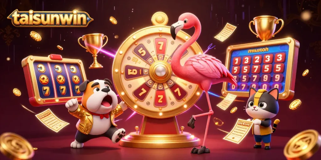 Experience the excitement of the taisunwin casino with colorful slot machines and characters in action.