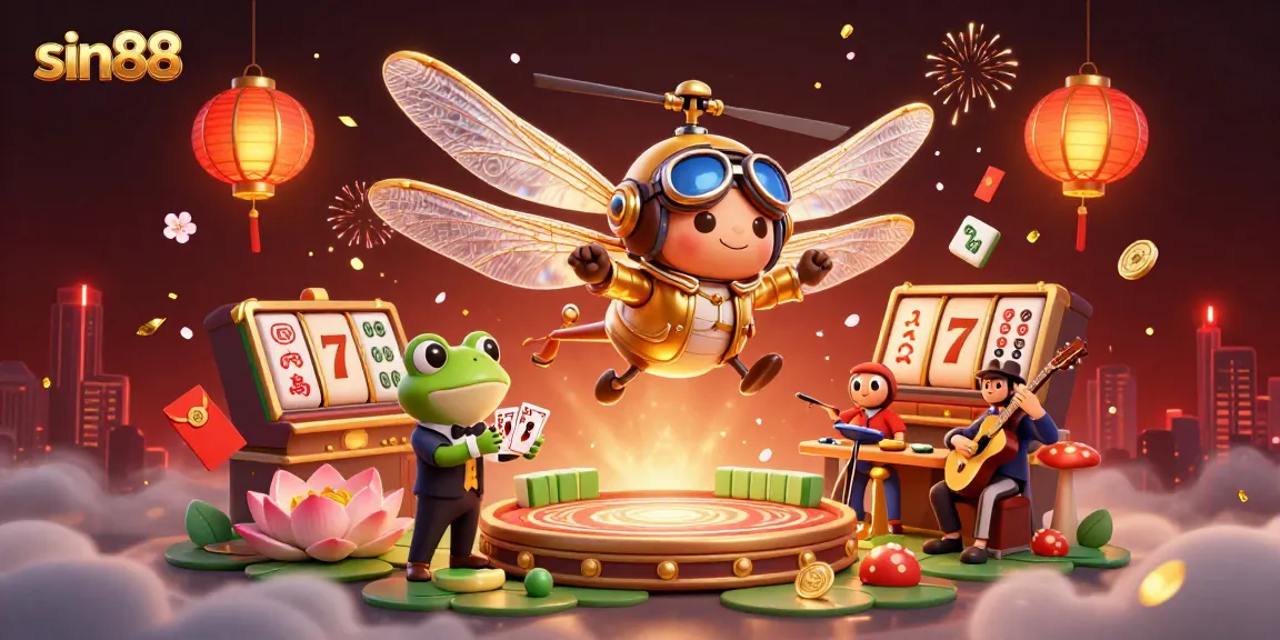 Experience the thrill of sin88 with a lively dragonfly pilot and frog dealer in a vibrant casino setting.