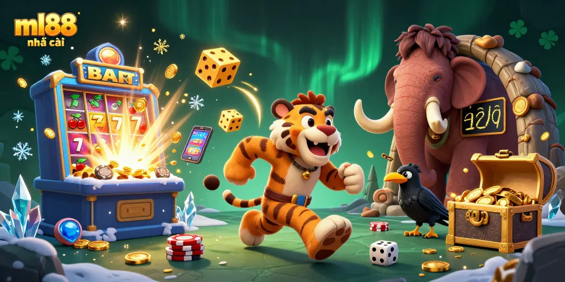 Engage at ml88 nhà cái with a vibrant 3D casino scene featuring a lively prehistoric setting and dynamic gaming elements.