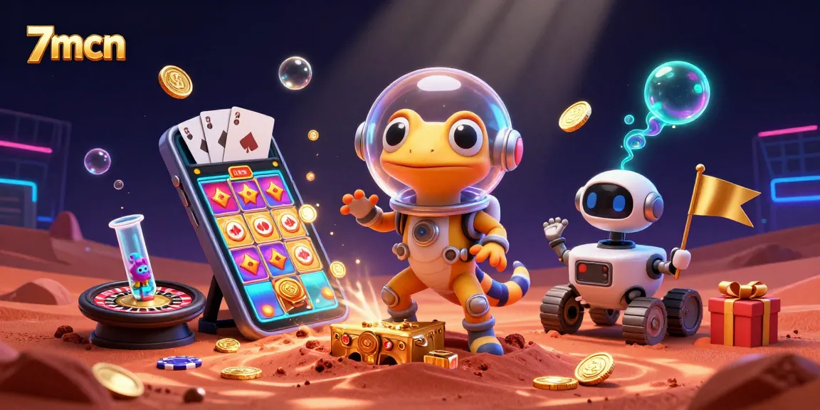 Engage with 7mcn's thrilling casino atmosphere featuring a Martian gecko and dynamic gameplay elements.