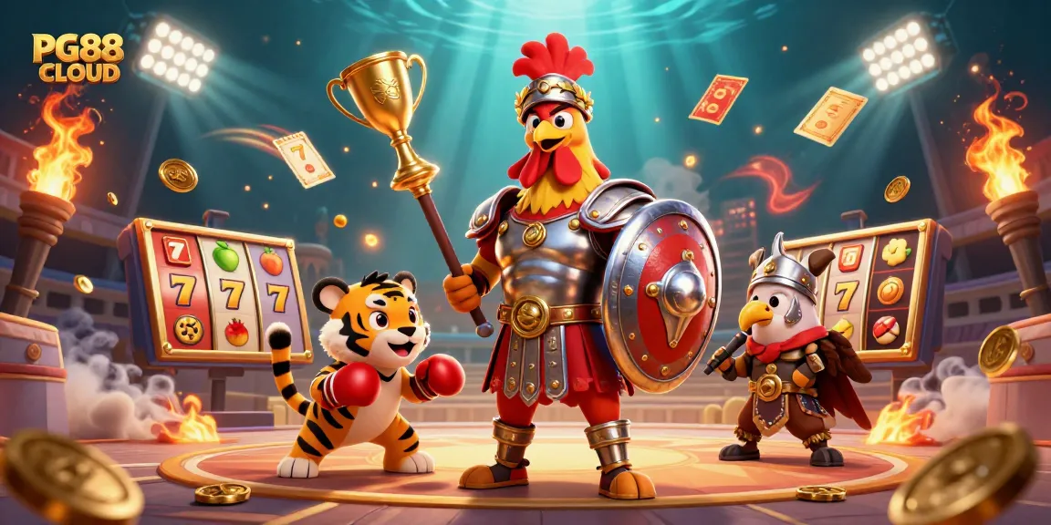 Engage in thrilling gameplay at PG88 CLOUD with dynamic slot machines, celebrating wins and vibrant casino elements.