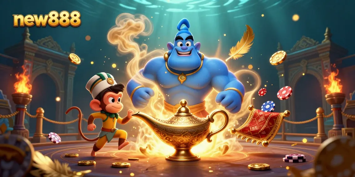 Engage with new888's thrilling casino adventure featuring a genie, monkey, and magic carpet.