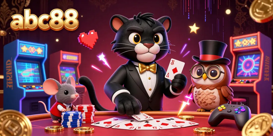 Engage with abc88's vibrant casino atmosphere featuring a tuxedo-clad panther dealing cards amidst neon arcade games.