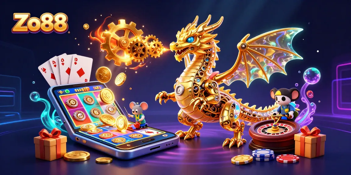 Place bets with Zo88, featuring golden dragon and vibrant casino elements in a dynamic illustration.