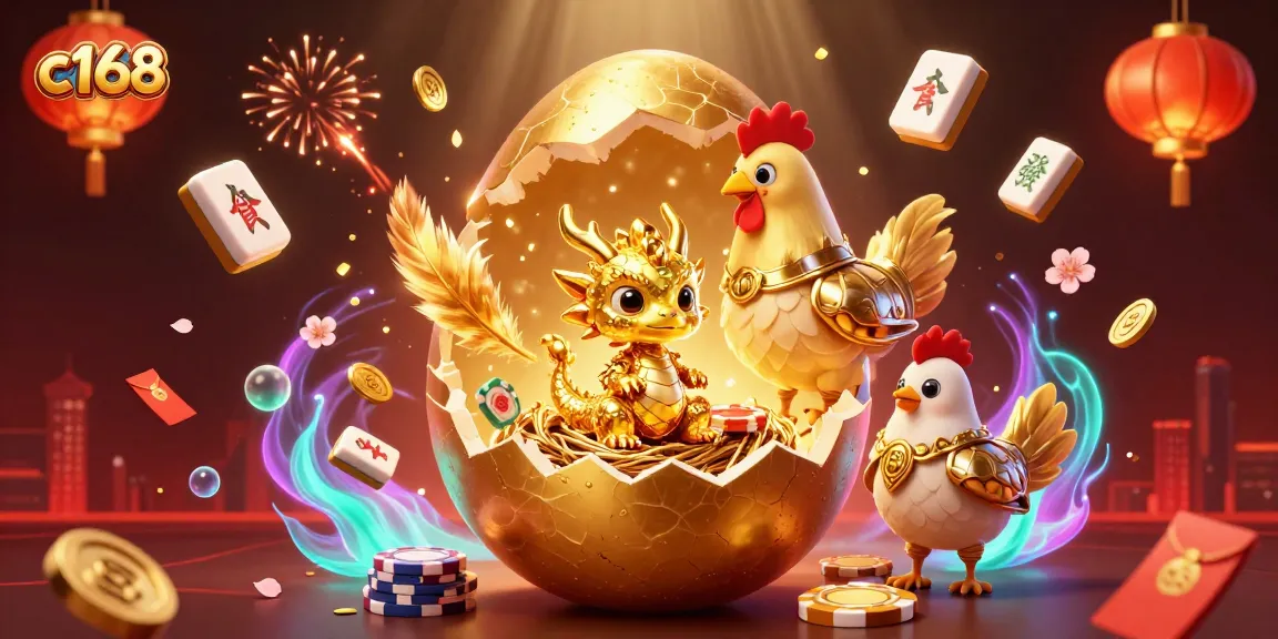 Engage with c168's vibrant casino world featuring a dragon, poker chips, and festive elements.