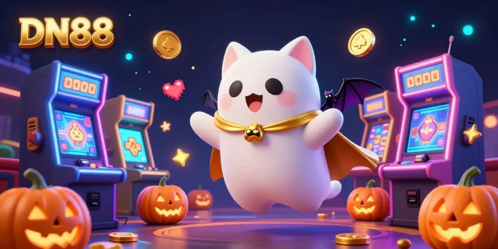 Engage with exciting gameplay at DN88, featuring a ghost cat and friends in a lively casino.