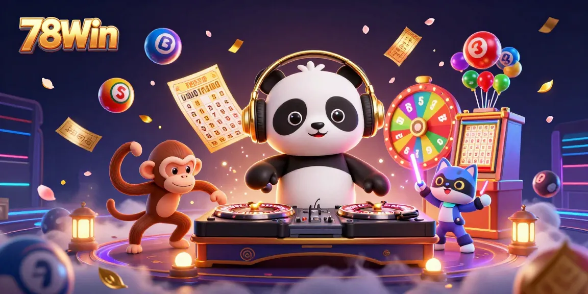 Join the excitement at 78Win with vibrant casino characters and dynamic game elements in a lively scene.
