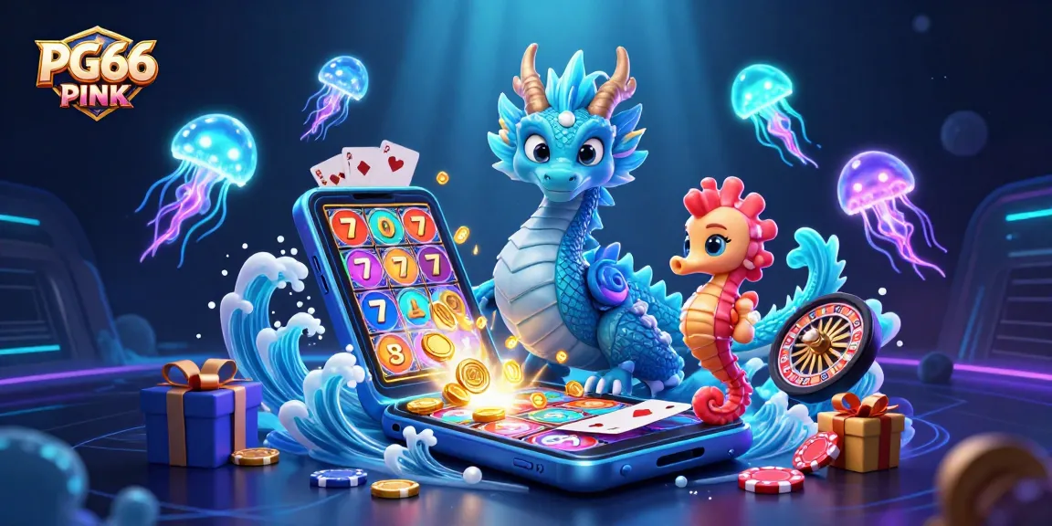 Play exciting slot games with PG66 PINK, featuring a dazzling underwater scene with a dragon, seahorse knight, and neon jellyfish.