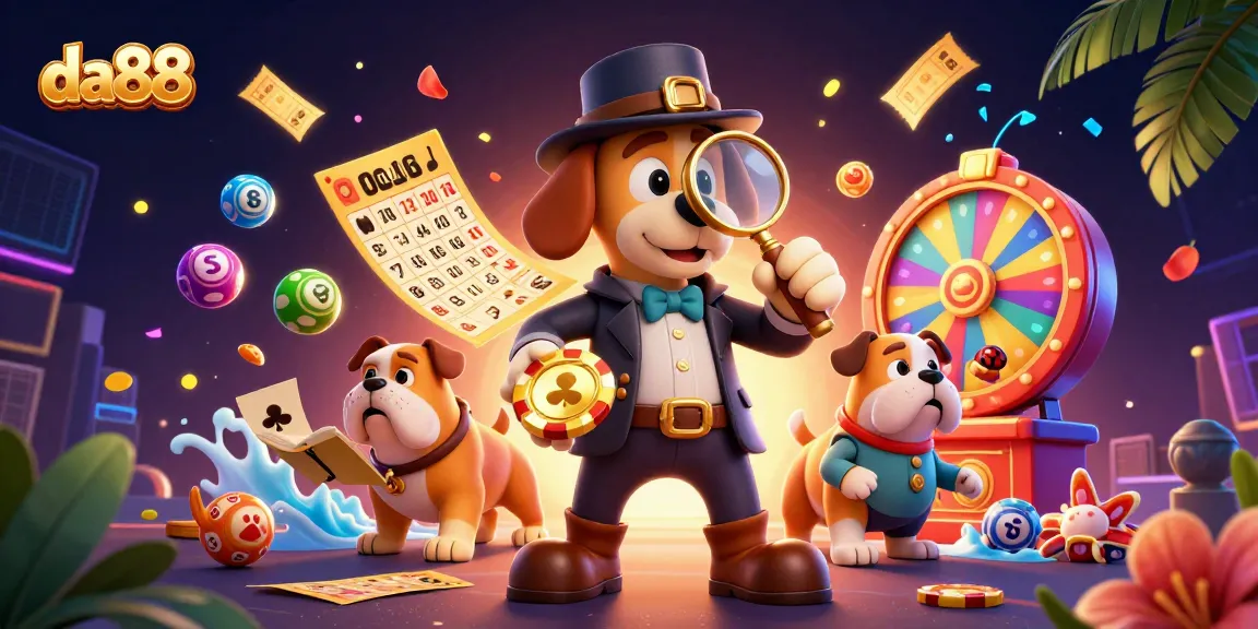 da88 detective and bulldog uncovering treasure with bingo and lottery elements flying around