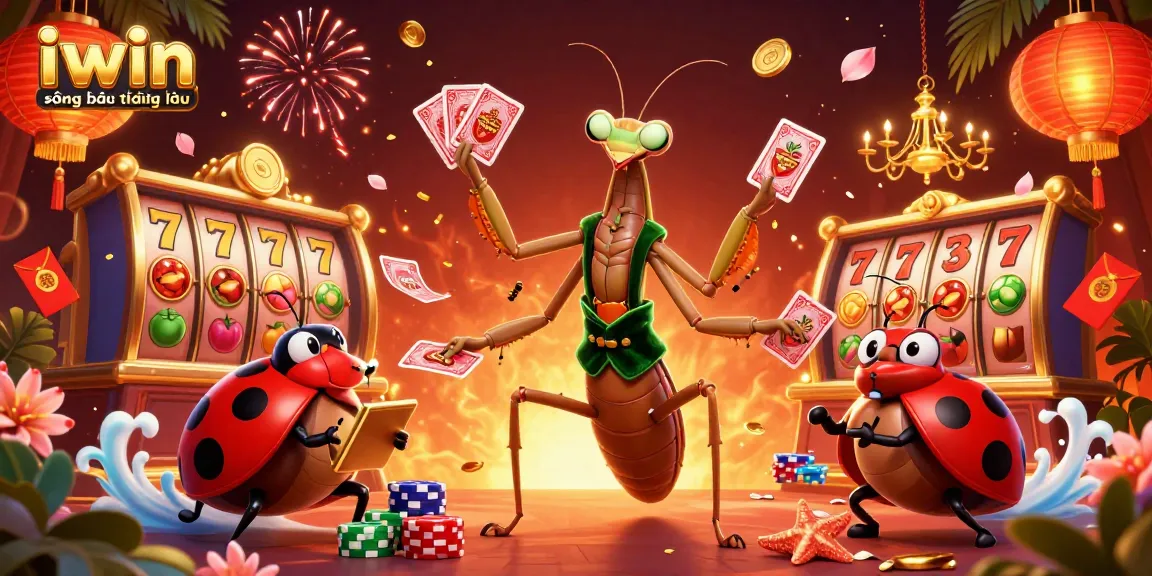 Iwin sòng bạc thượng lưu features a giant mantis card sharp and ladybug pit boss in an exciting casino scene.