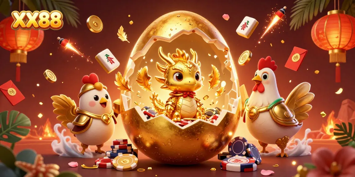 Engage with XX88's thrilling casino experience featuring a golden dragon guarding poker chips.
