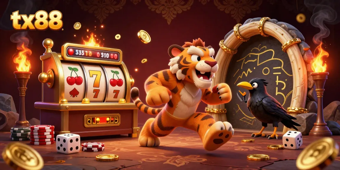 Experience thrilling gameplay with tx88 in a vibrant prehistoric casino filled with dynamic slot machines and golden elements.