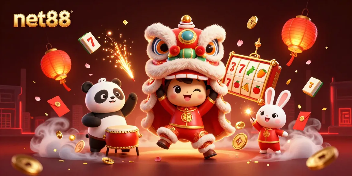Experience exciting net88 slots with a vibrant lion dance scene and festive casino elements.