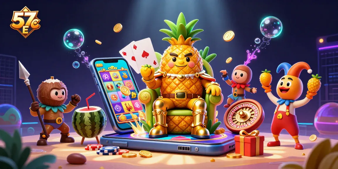 Play exciting games with 57 E at a dynamic casino scene featuring colorful slot games and dramatic character play.