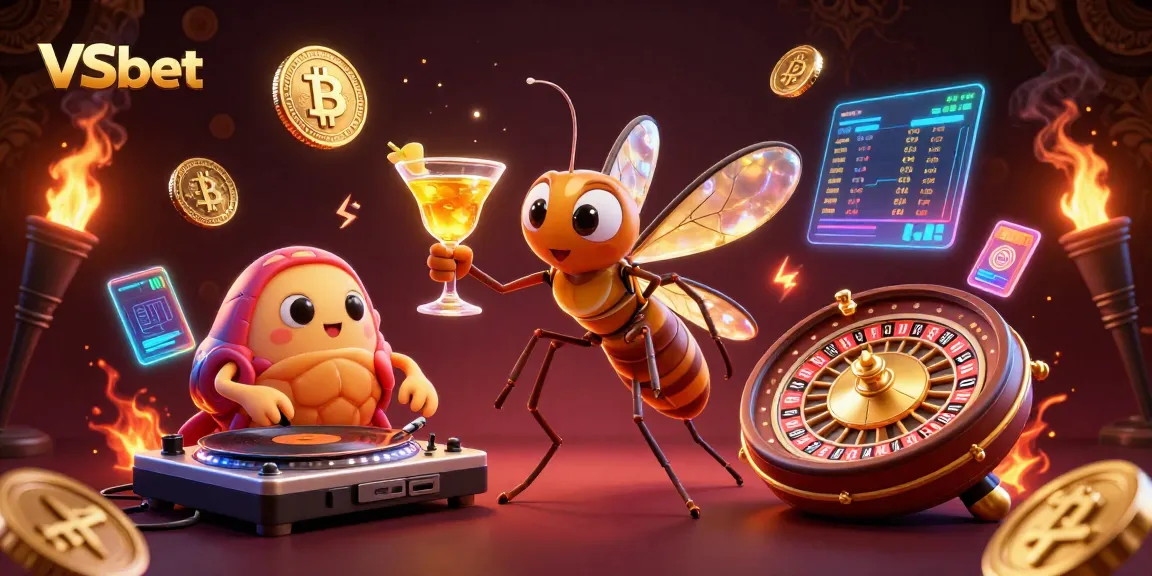 Engage with the exciting gaming experience at VSbet, featuring a vibrant casino scene with unique characters and crypto elements.