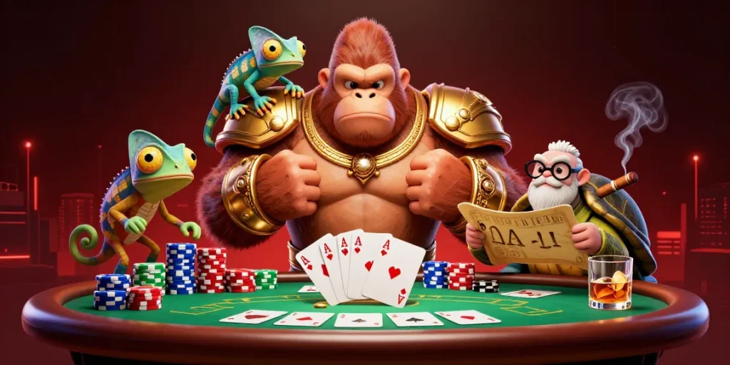 Engage with game bài sunwin through a vibrant scene with a powerful gorilla king and colorful casino elements.