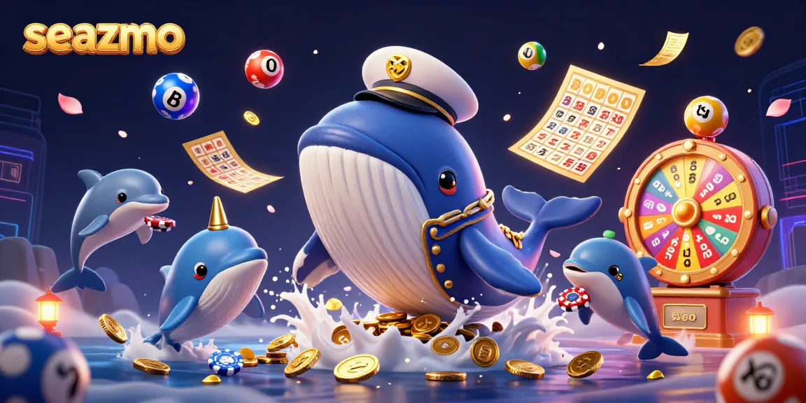 Engage in exciting gaming with seazmo's vibrant casino-themed scene featuring whales and lottery balls.
