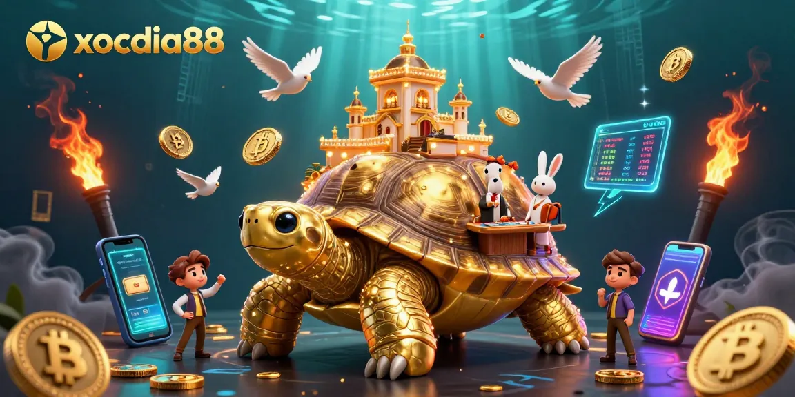 xocdia88 showcases a vibrant golden tortoise casino with a rabbit dealer, and coins flying, bringing excitement to gaming.