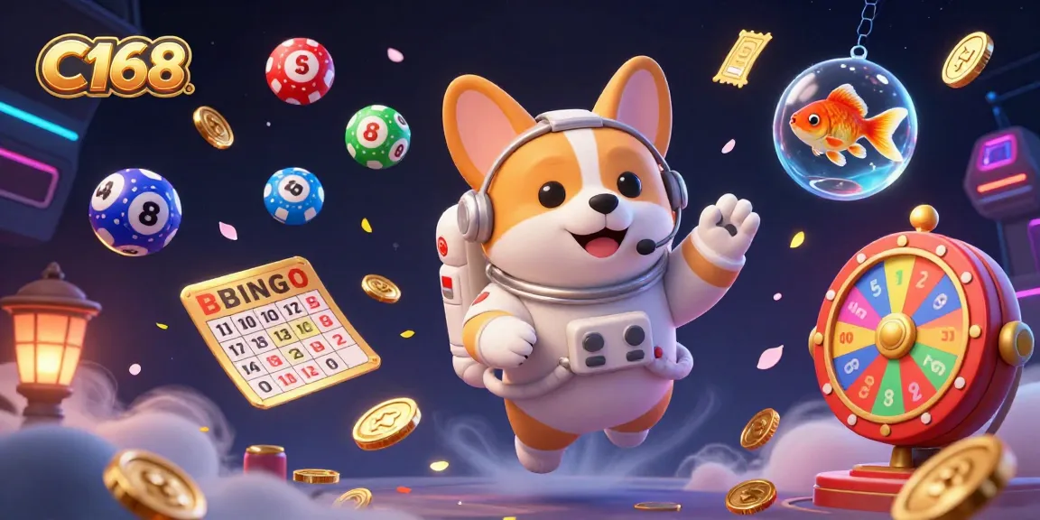 C168: A playful astronaut corgi and friends are floating in a vibrant casino scene with dynamic gambling elements.