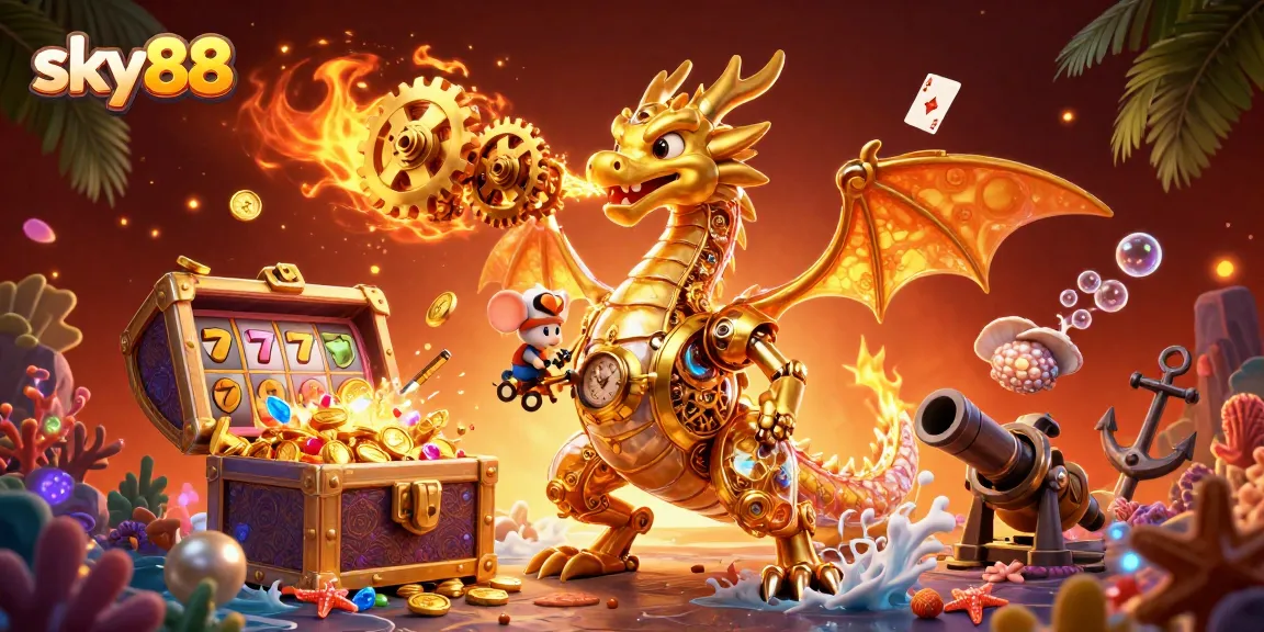 Engage with the action at sky88 casino featuring golden dragon, slot reels, and treasure in a vibrant scene.