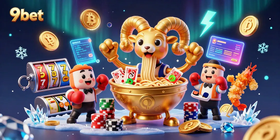 9bet showcases a vibrant 3D casino scene with characters and crypto elements in action.