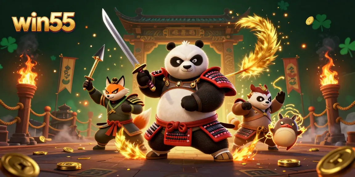 Win55 engages players with thrilling 3D samurai panda and ninja fox in an exciting gaming arena full of action.