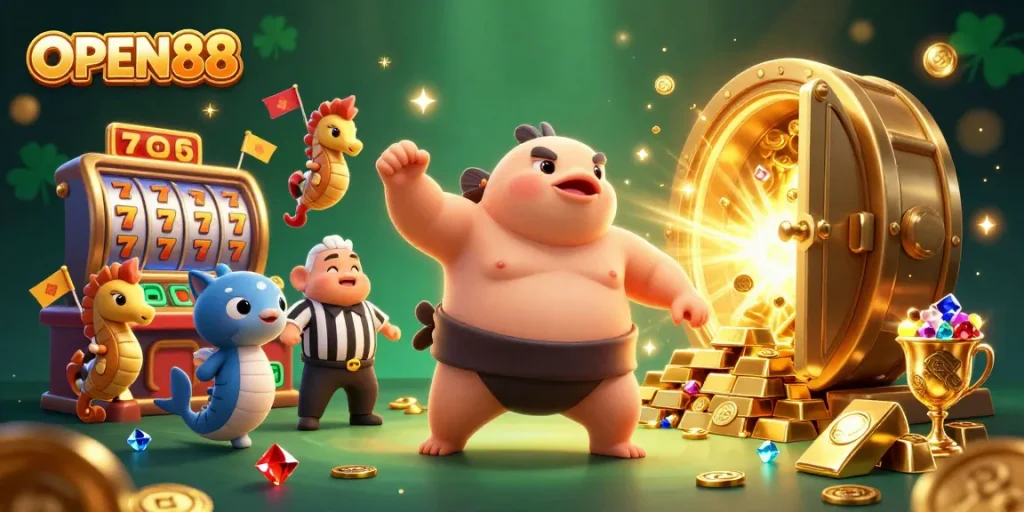 Join the fun at OPEN88 with vibrant underwater casino action featuring a fugu in a sumo belt!