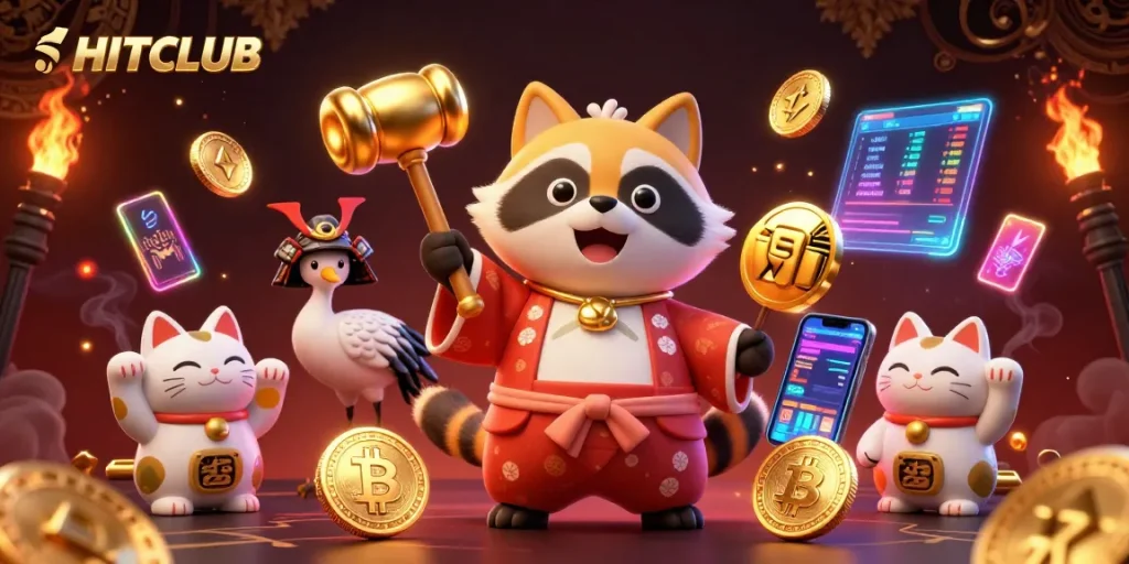 Experience HITCLUB's vibrant online gaming world with a cheerful tanuki and lucky symbols.