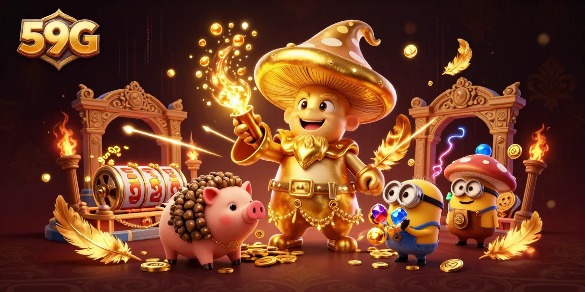 Experience the magic of 59G with golden mushrooms and treasures in a dynamic casino scene.