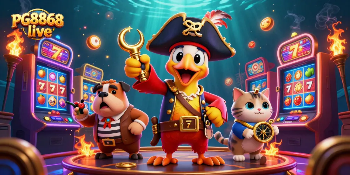 Win big at PG8868 live with vibrant, exciting casino-themed 3D illustration featuring colorful slot machines and lively characters.